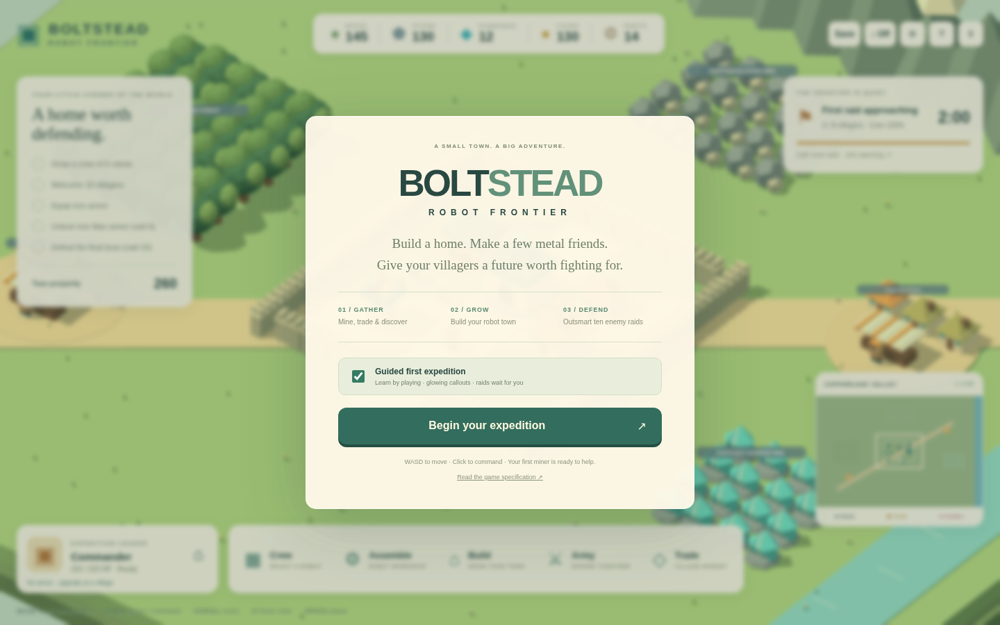 Boltstead opening screen over a colorful robot frontier