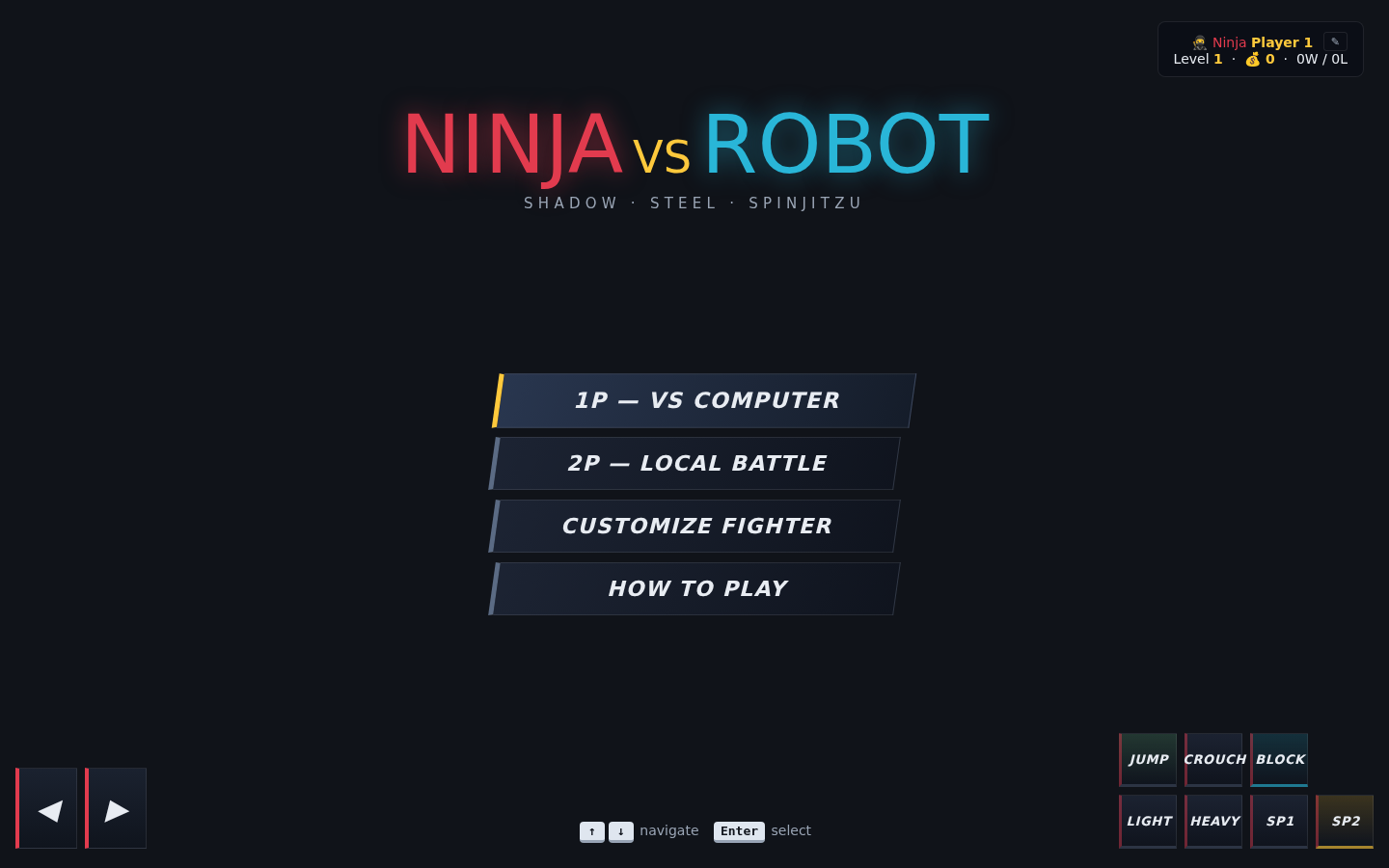 Ninja vs Robot title screen with one-player and local battle modes
